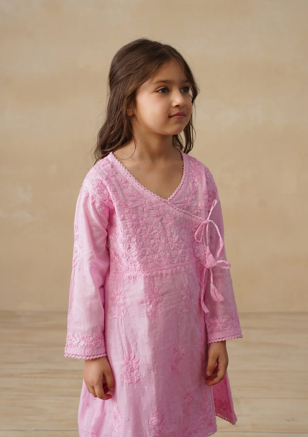 HOC Cotton Dobby Chikankari Solid Girls 2 PC Long Angrakha Kurta Set - Pink - Image 4