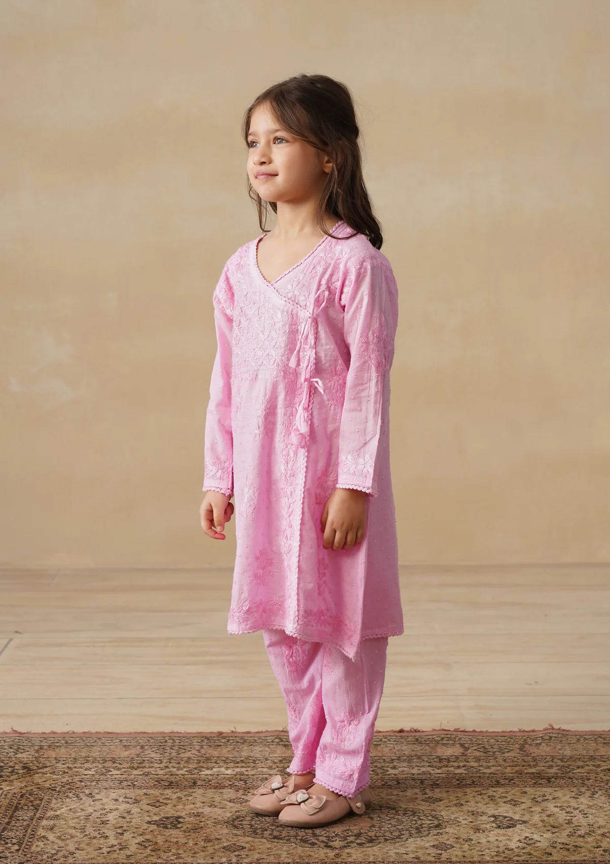 HOC Cotton Dobby Chikankari Solid Girls 2 PC Long Angrakha Kurta Set - Pink - Image 7