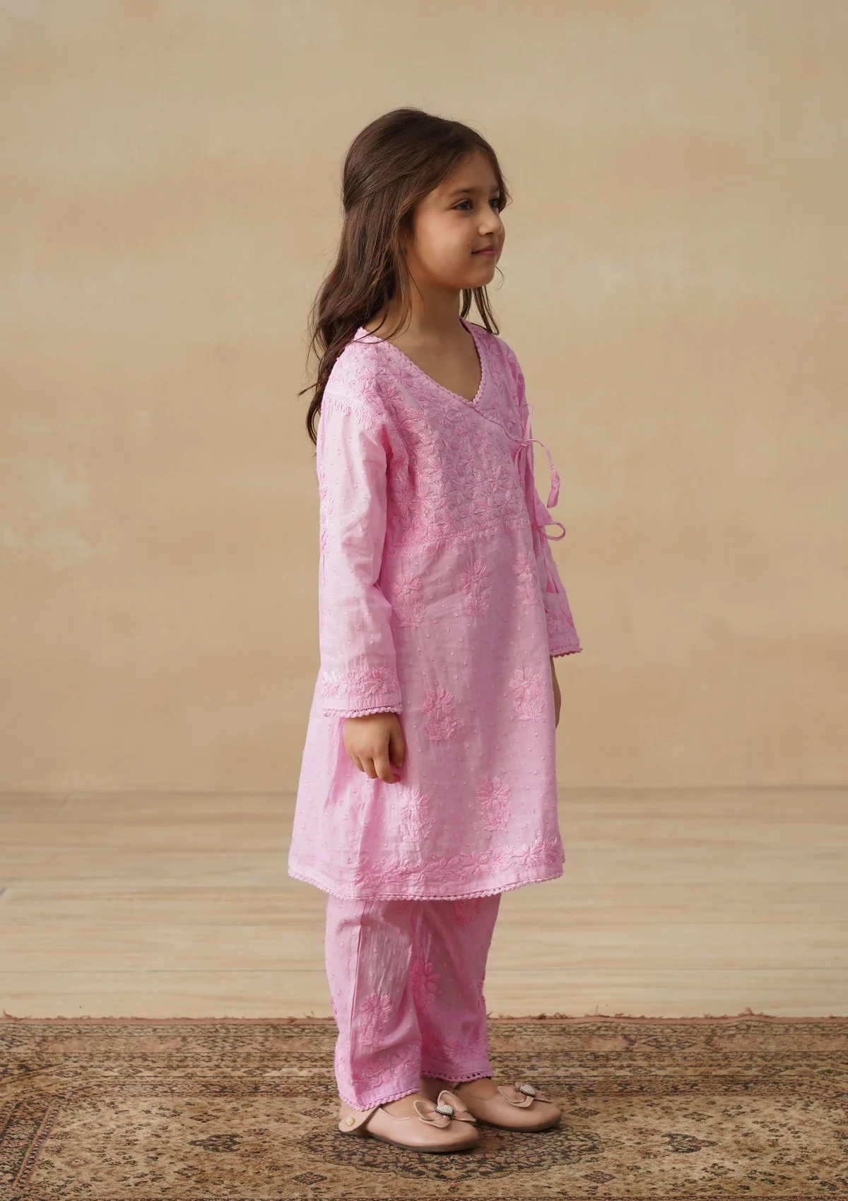 HOC Cotton Dobby Chikankari Solid Girls 2 PC Long Angrakha Kurta Set - Pink - Image 8