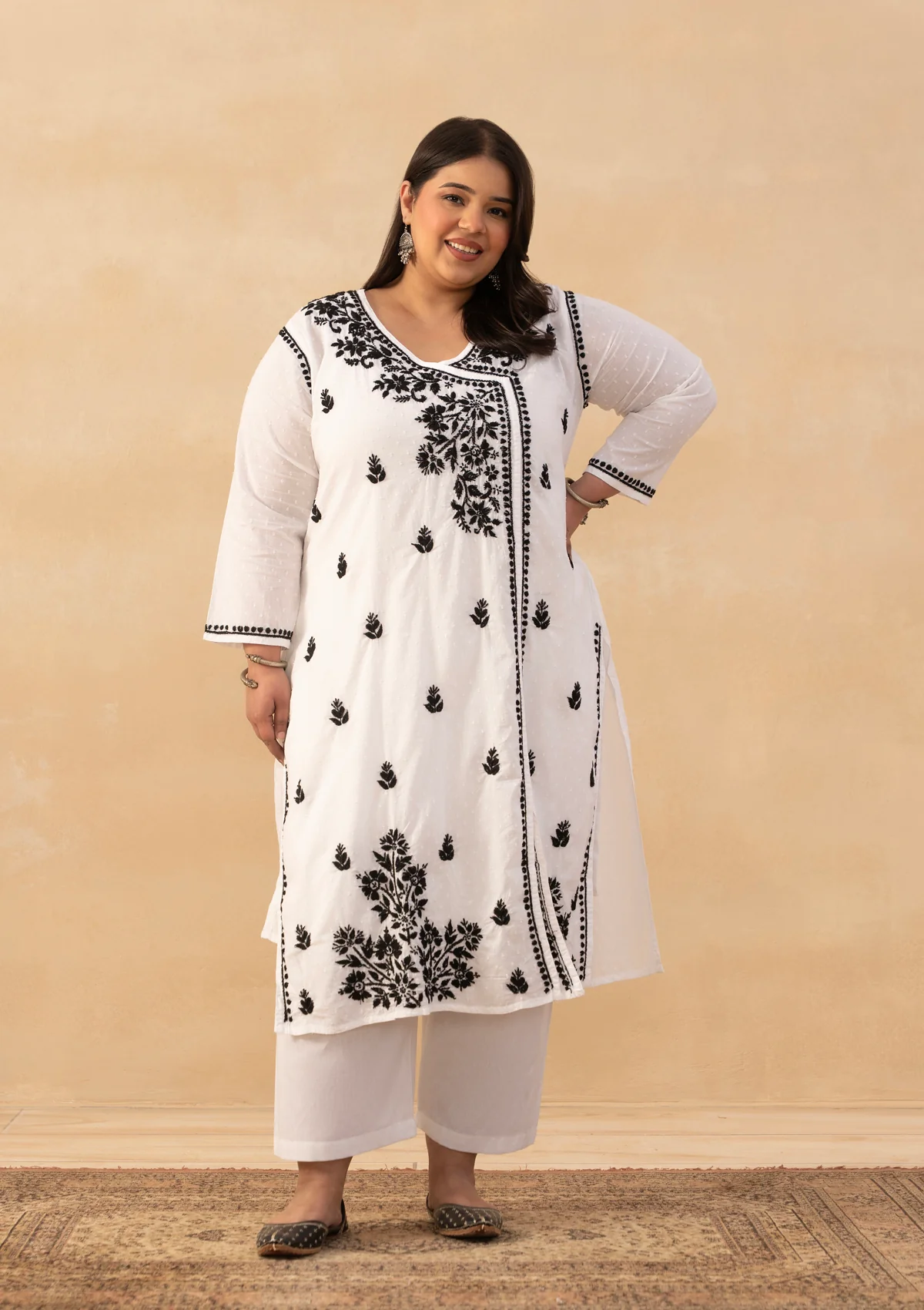 HOC Cotton Dobby Chikankari Solid Women's Long Angrakha Kurta - White