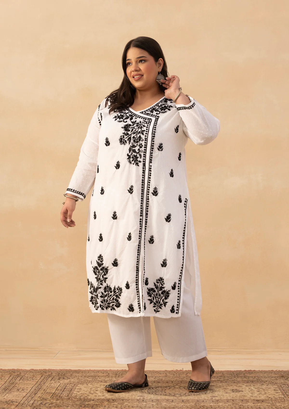 HOC Cotton Dobby Chikankari Solid Women's Long Angrakha Kurta - White - Image 2