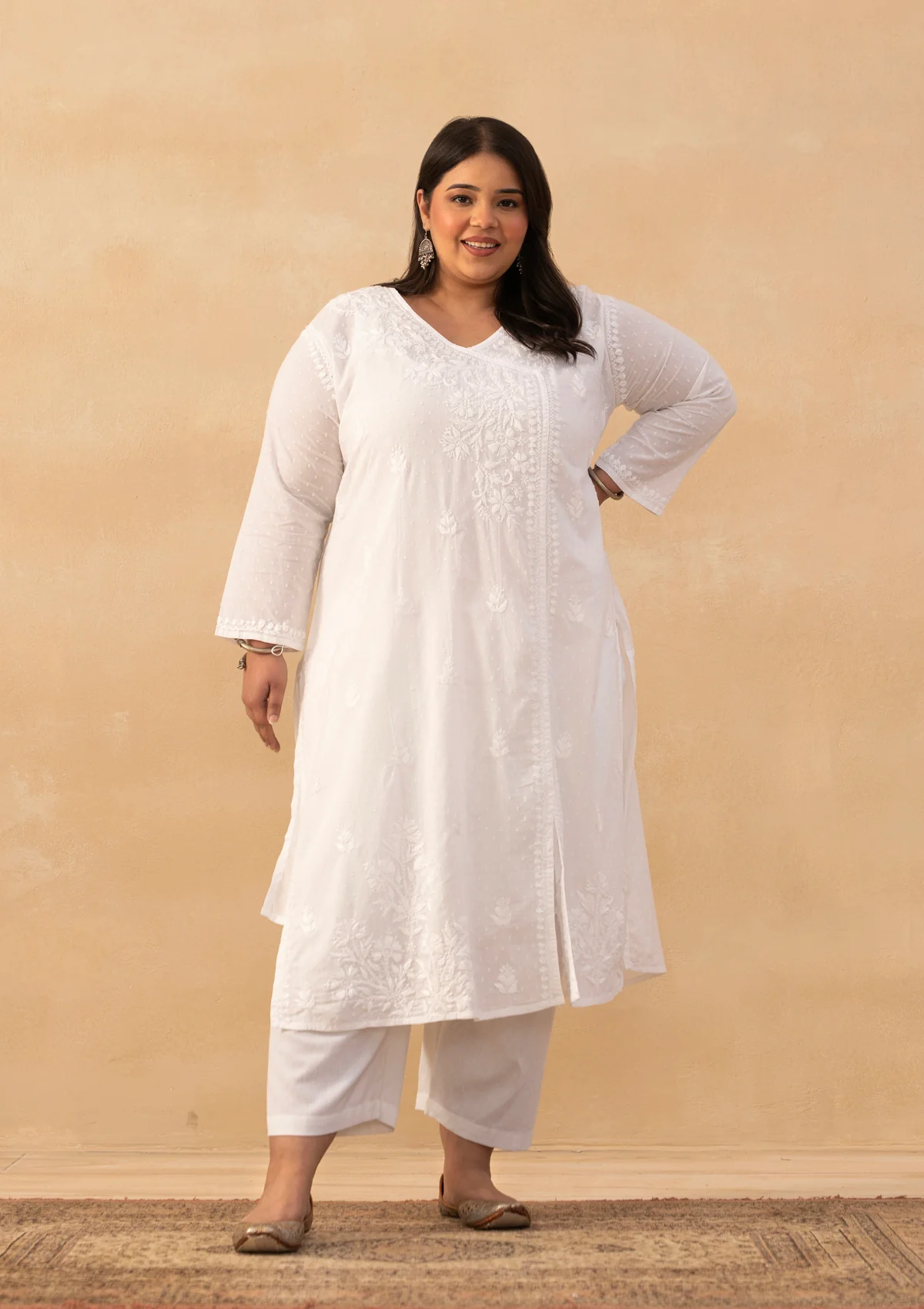 HOC Cotton Dobby Chikankari Solid Women's Long Angrakha Kurta - White - Image 5