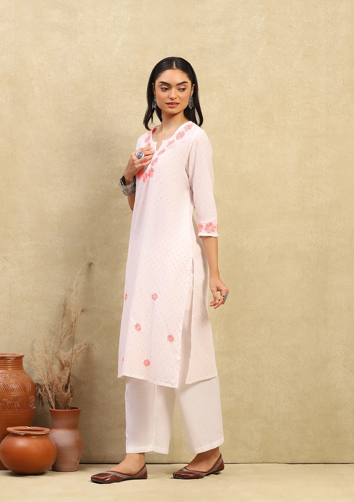 HOC Cotton Dobby Chikankari Solid Women's Long Kurta - Off White - Image 3