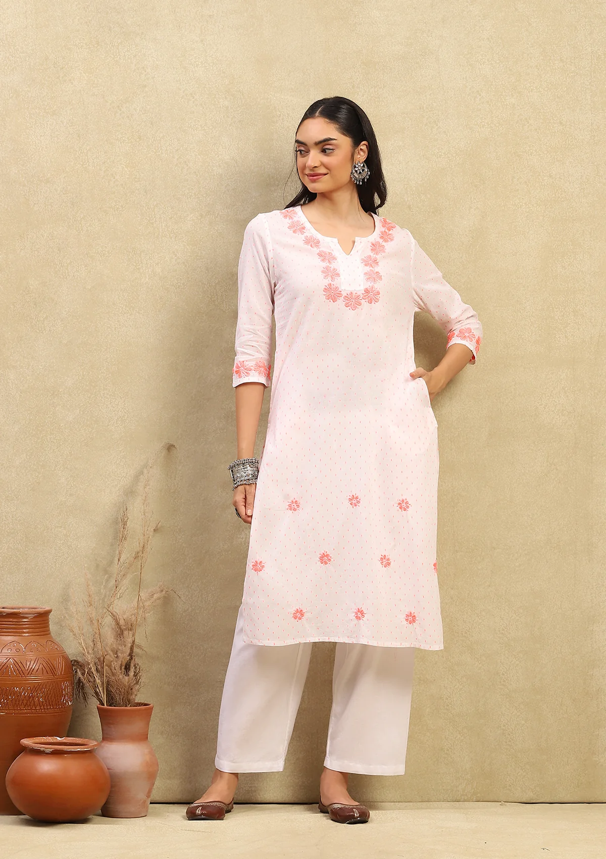 HOC Cotton Dobby Chikankari Solid Women's Long Kurta - Off White - Image 4