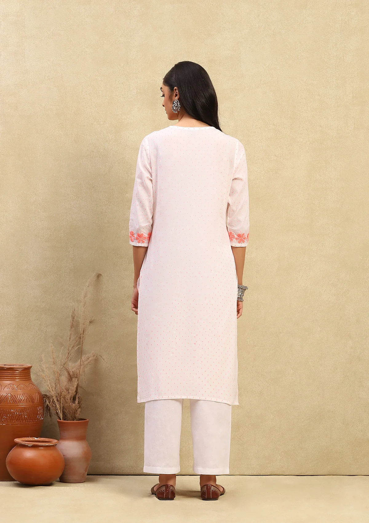 HOC Cotton Dobby Chikankari Solid Women's Long Kurta - Off White - Image 5