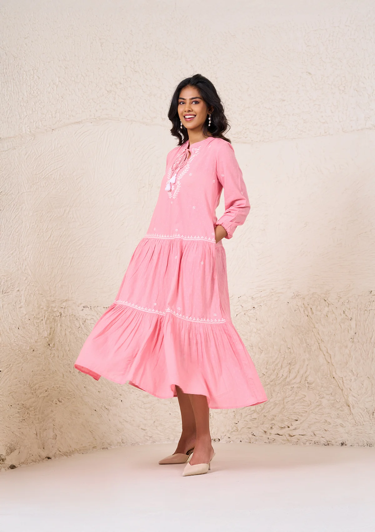 HOC Cotton Dobby Chikankri Solid Women's Long Dress - Dust Pink - Image 3