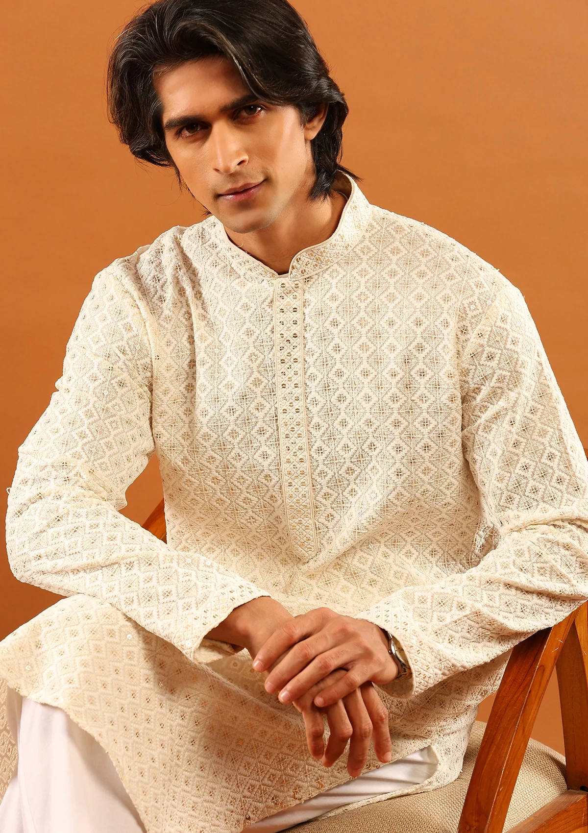HOC Cotton Embroidered With Sequins Solid Men's Long Kurta- Cream - Image 2