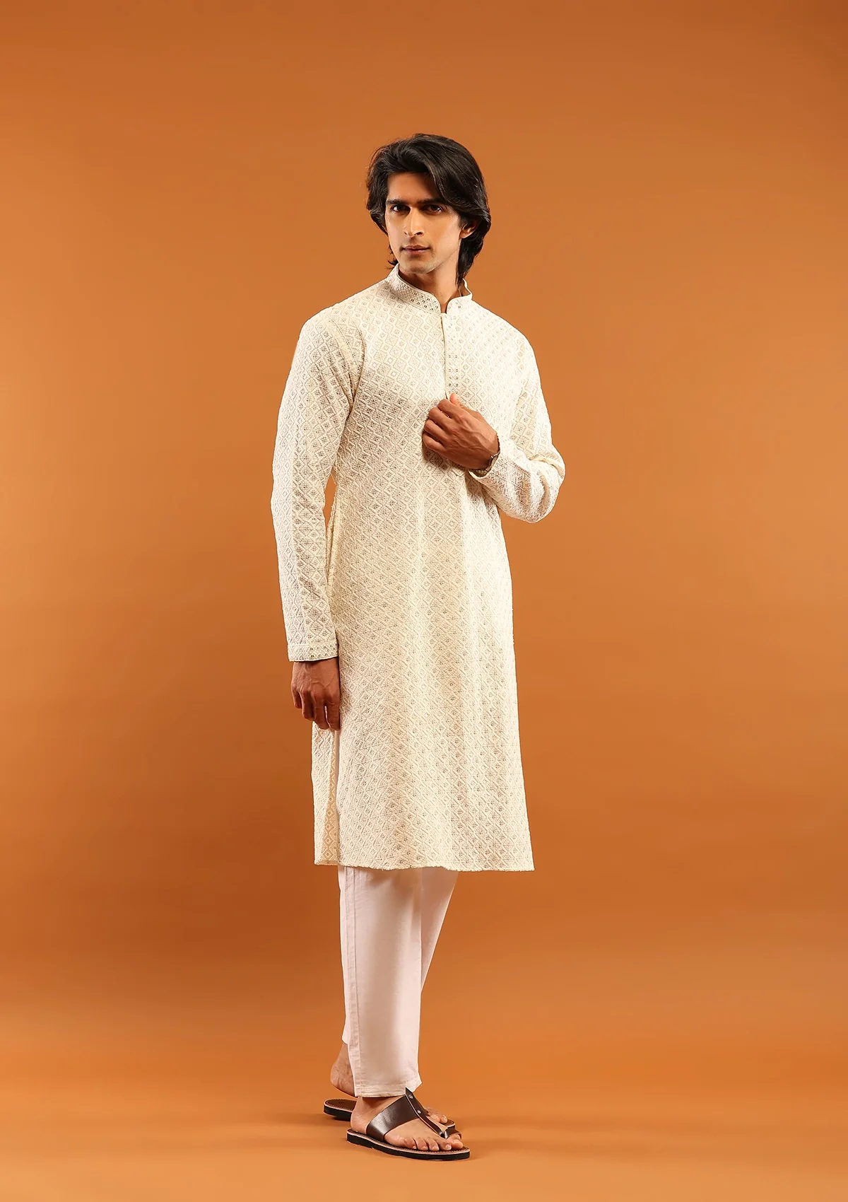 HOC Cotton Embroidered With Sequins Solid Men's Long Kurta- Cream - Image 3