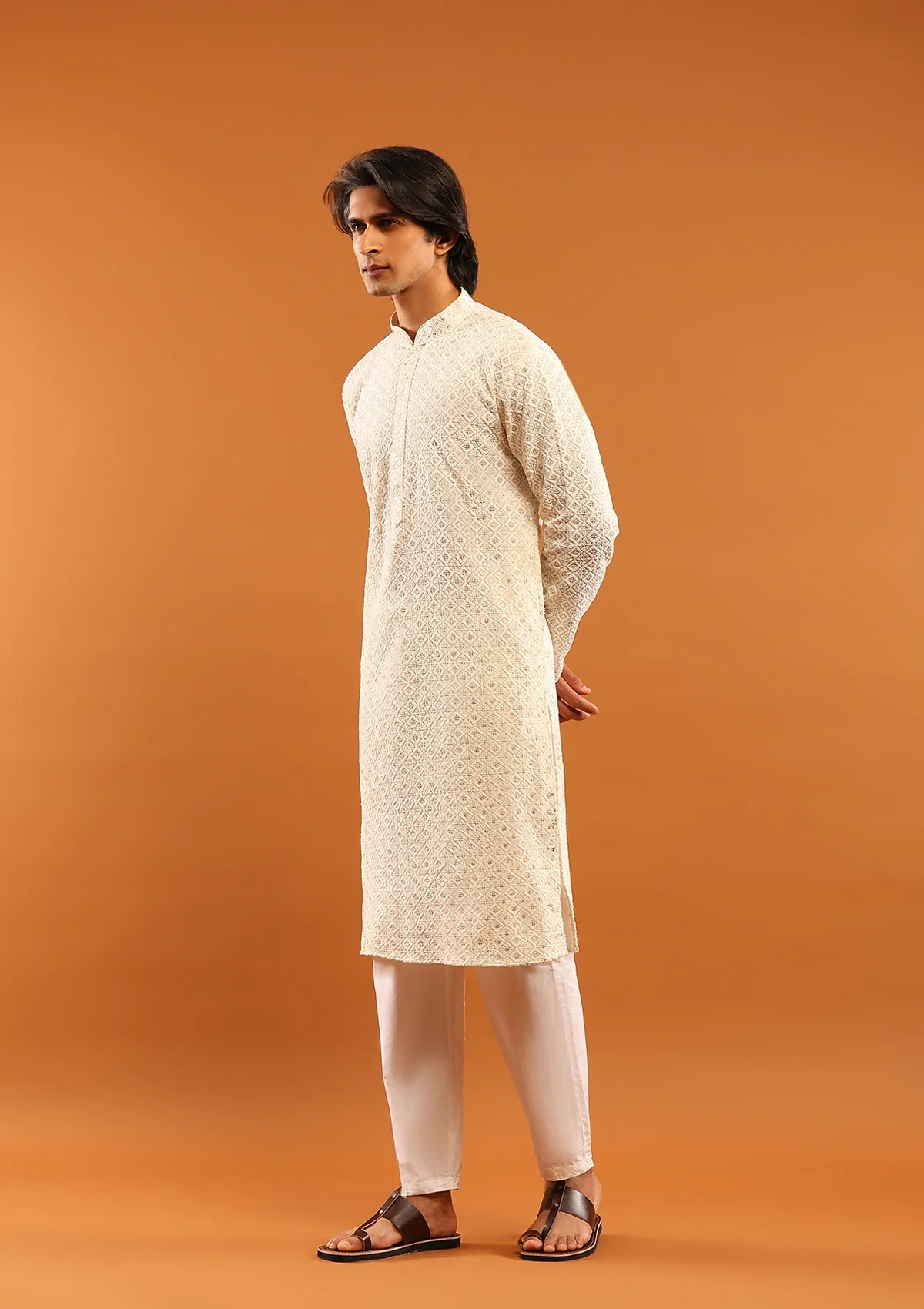 HOC Cotton Embroidered With Sequins Solid Men's Long Kurta- Cream - Image 4