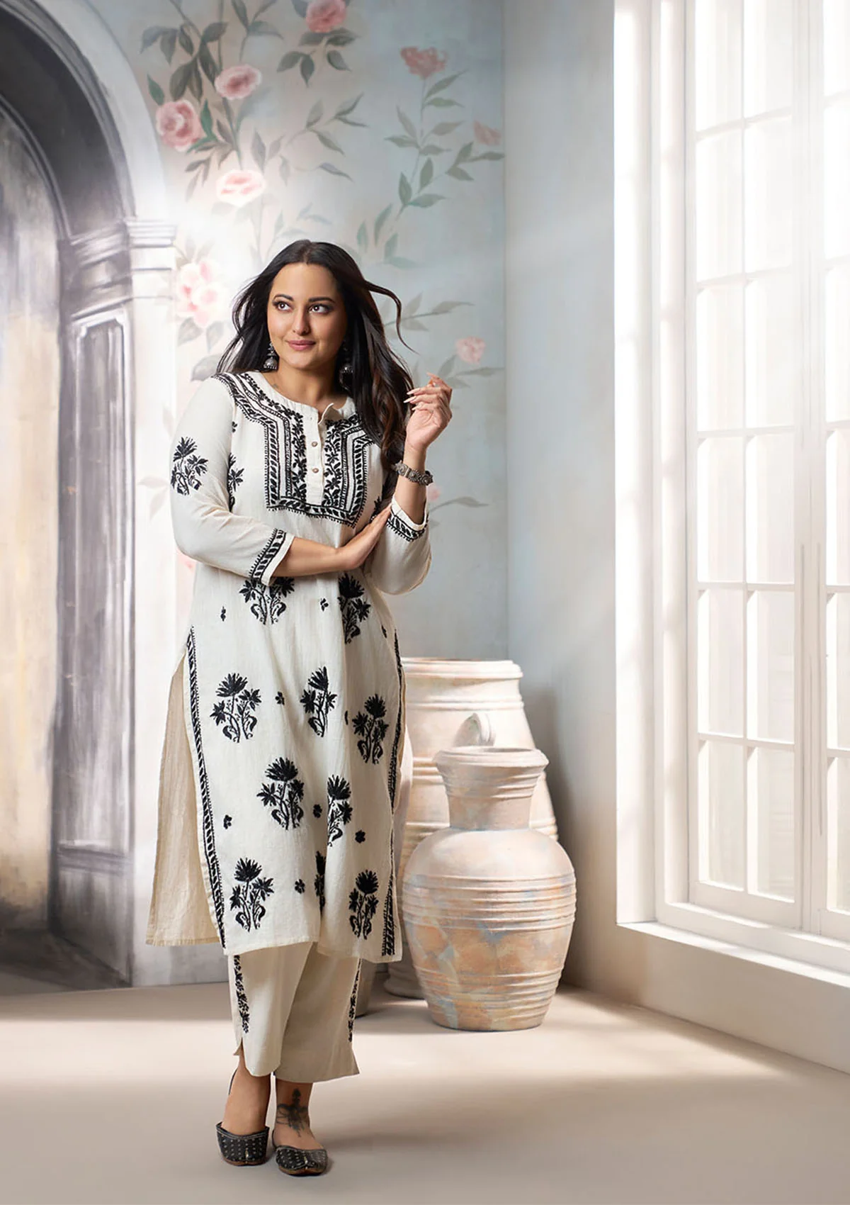 Sona Chikankari Solid Cotton Linen Women's 2PC Long Kurta Set - Off White - Image 4