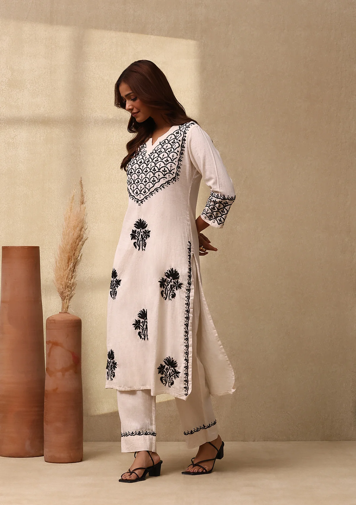 HOC Cotton Linen Blend Chikankari Solid Women's 2PC Long Kurta Set - Off White - Image 4