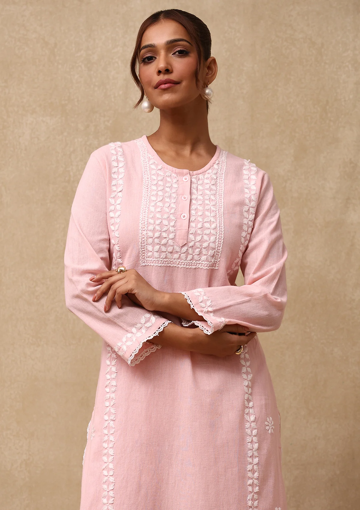 HOC Cotton Linen Blend Chikankari Solid Women's 2PC Long Kurta Set - Peach - Image 2