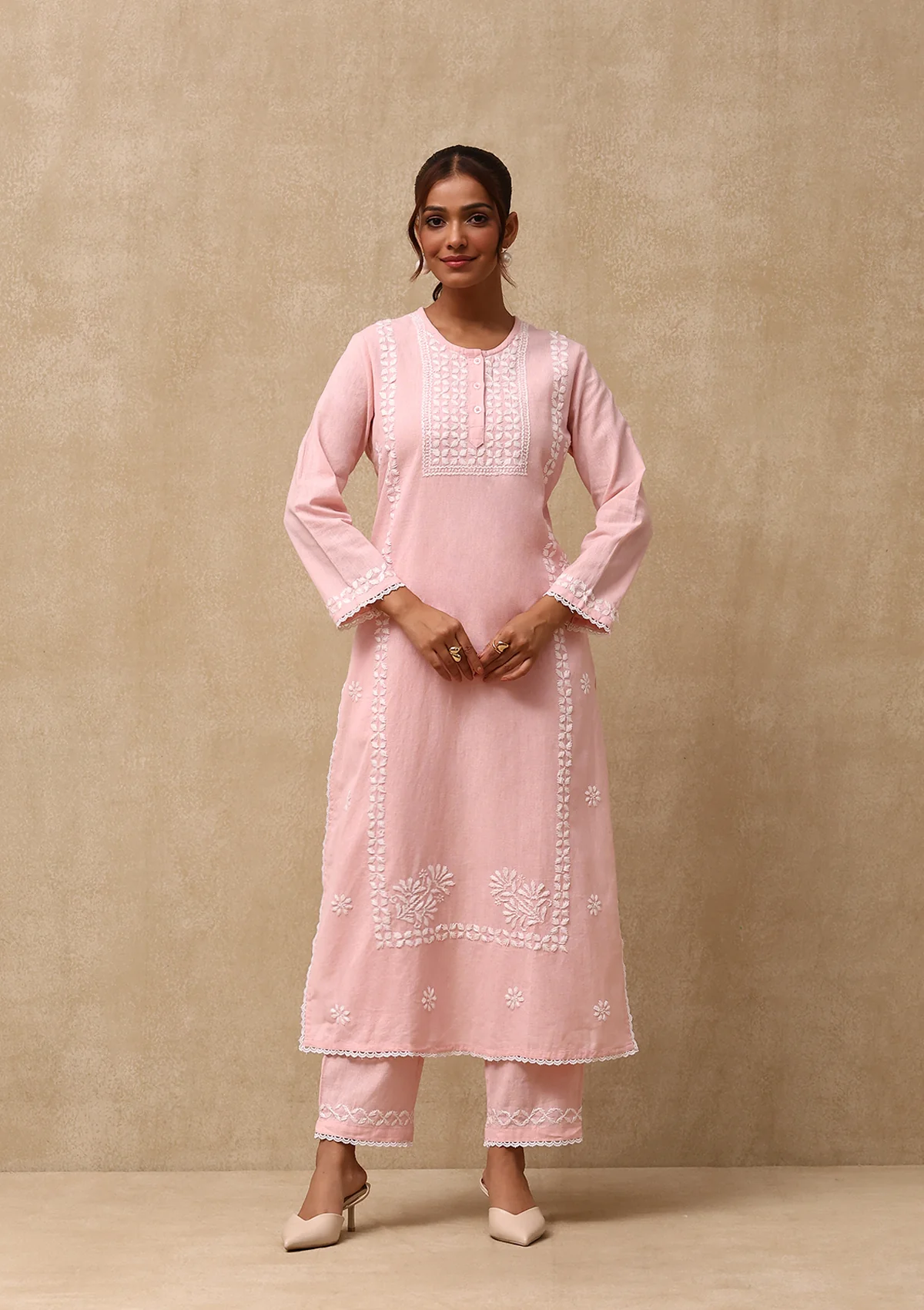 HOC Cotton Linen Blend Chikankari Solid Women's 2PC Long Kurta Set - Peach - Image 3
