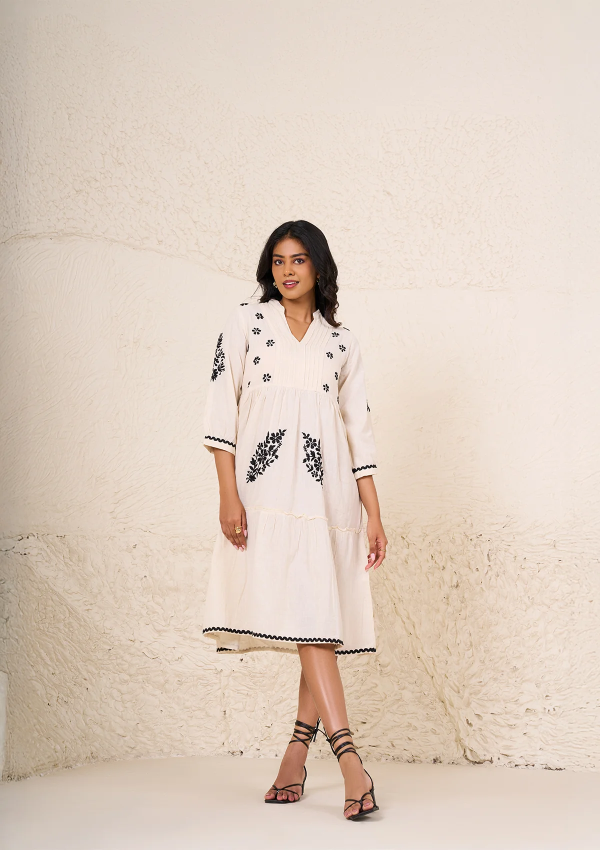 HOC Cotton Linen Blend Chikankari Solid Women's Long Dress - Off White - Image 3
