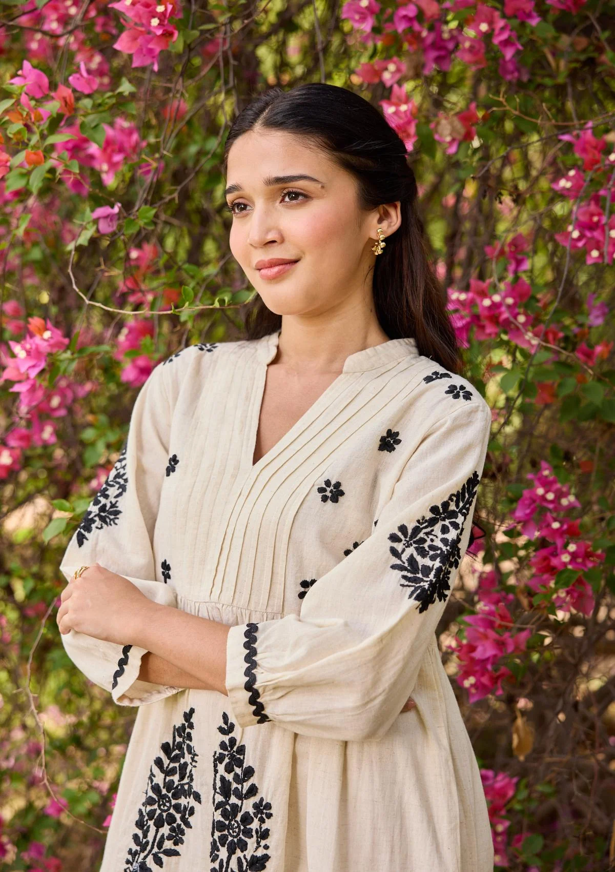 HOC Cotton Linen Blend Chikankari Solid Women's Long Dress - Off White - Image 4