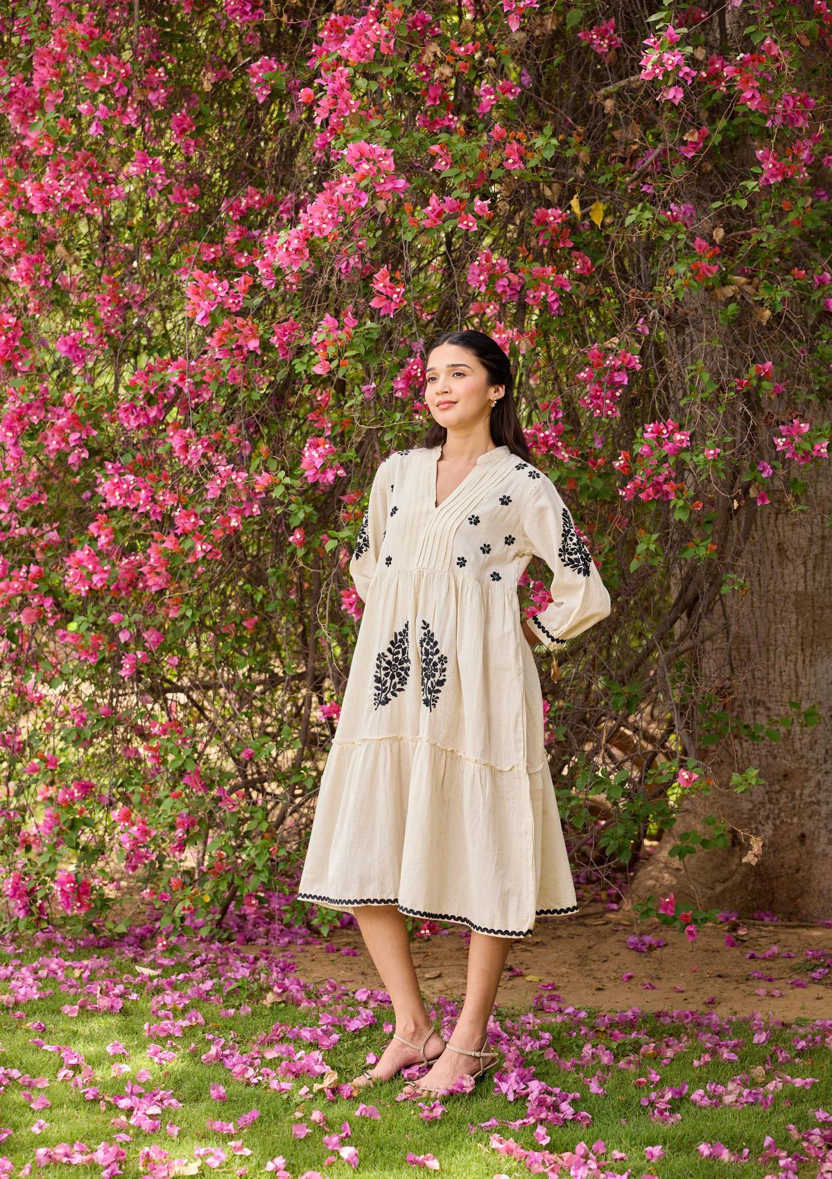 HOC Cotton Linen Blend Chikankari Solid Women's Long Dress - Off White - Image 6