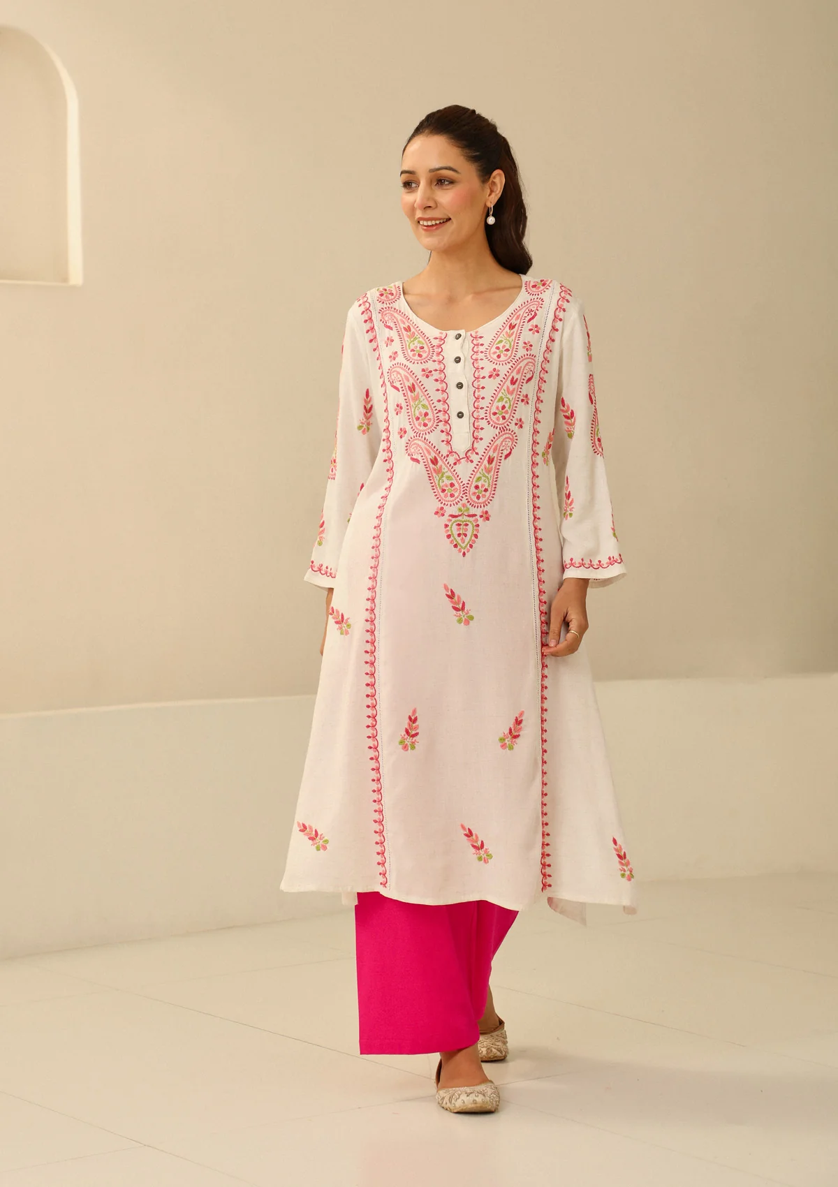 HOC Cotton Flex Chikankari Solid Women's Long Kurta With Lace - Off White - Image 3
