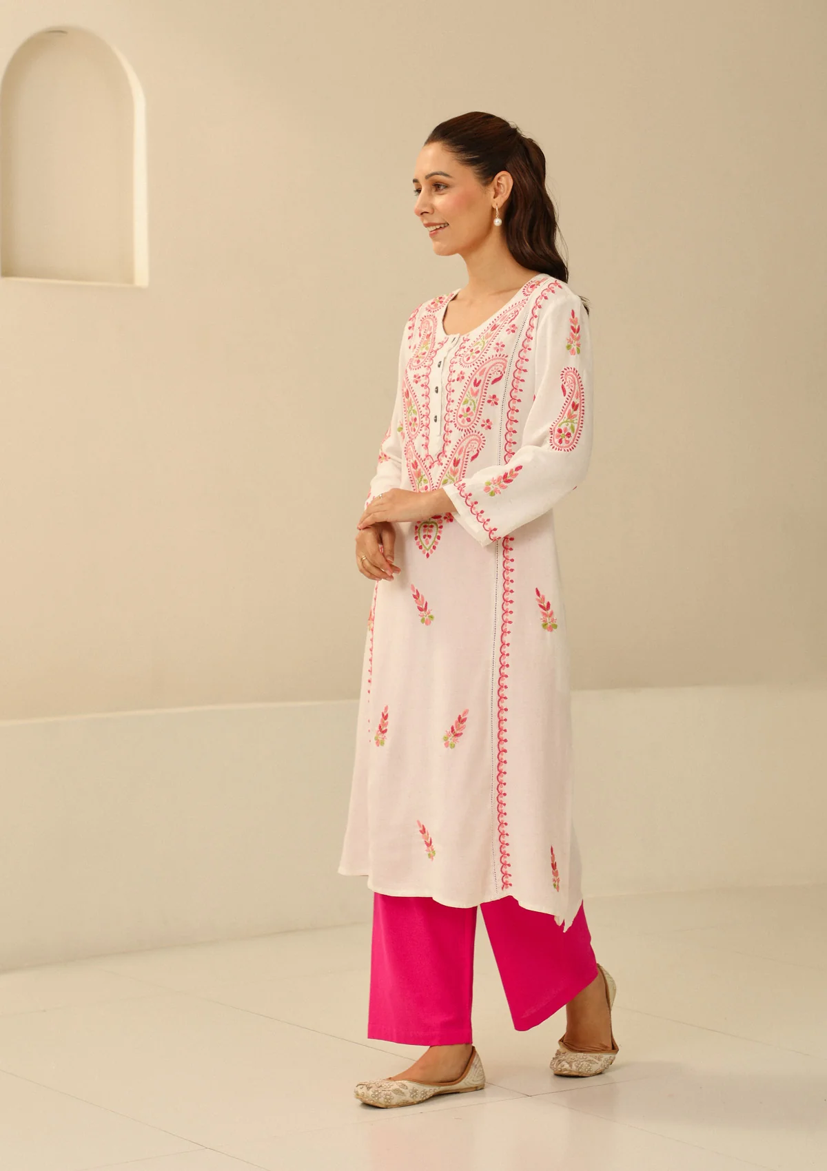 HOC Cotton Flex Chikankari Solid Women's Long Kurta With Lace - Off White - Image 5