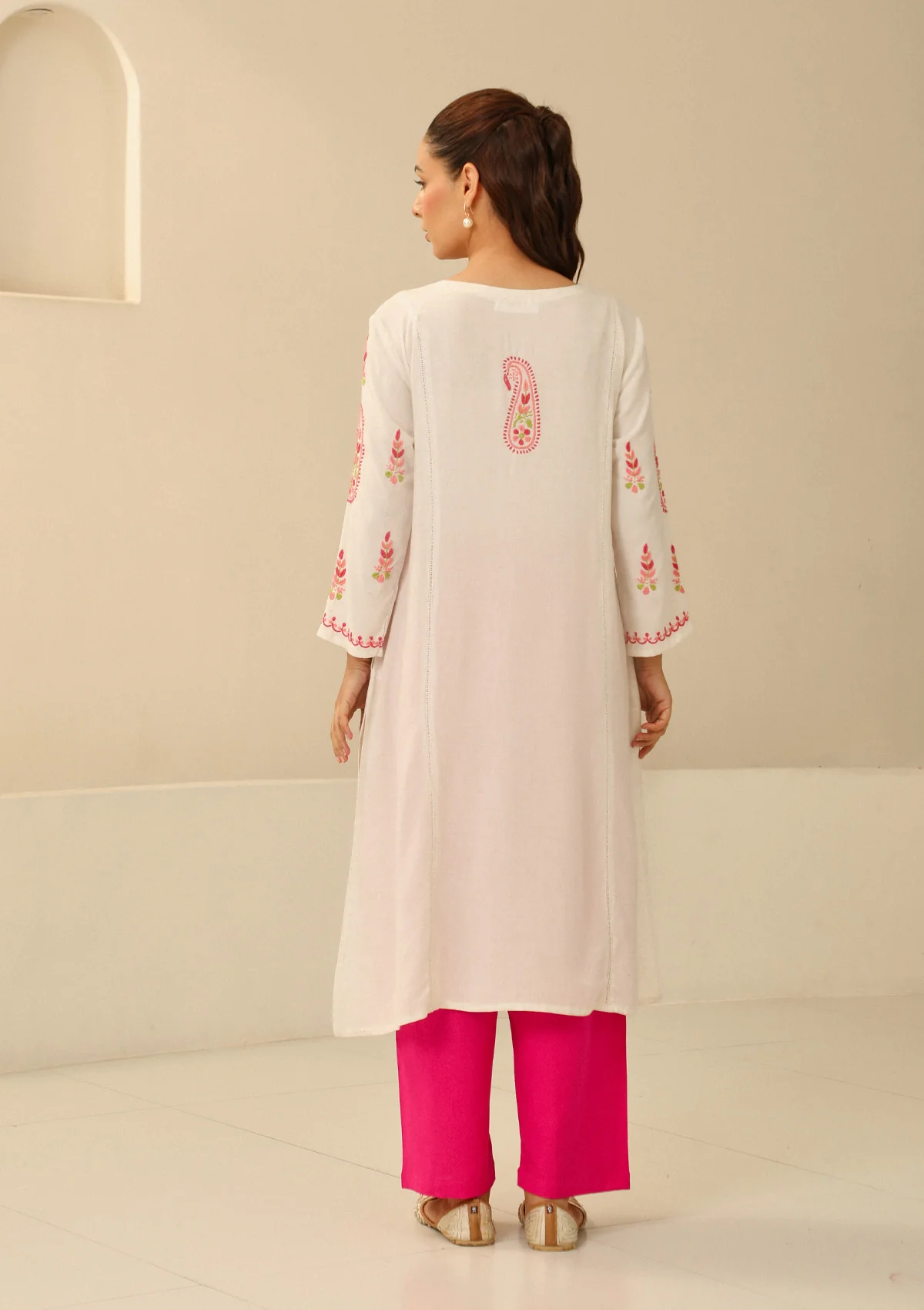 HOC Cotton Flex Chikankari Solid Women's Long Kurta With Lace - Off White - Image 6