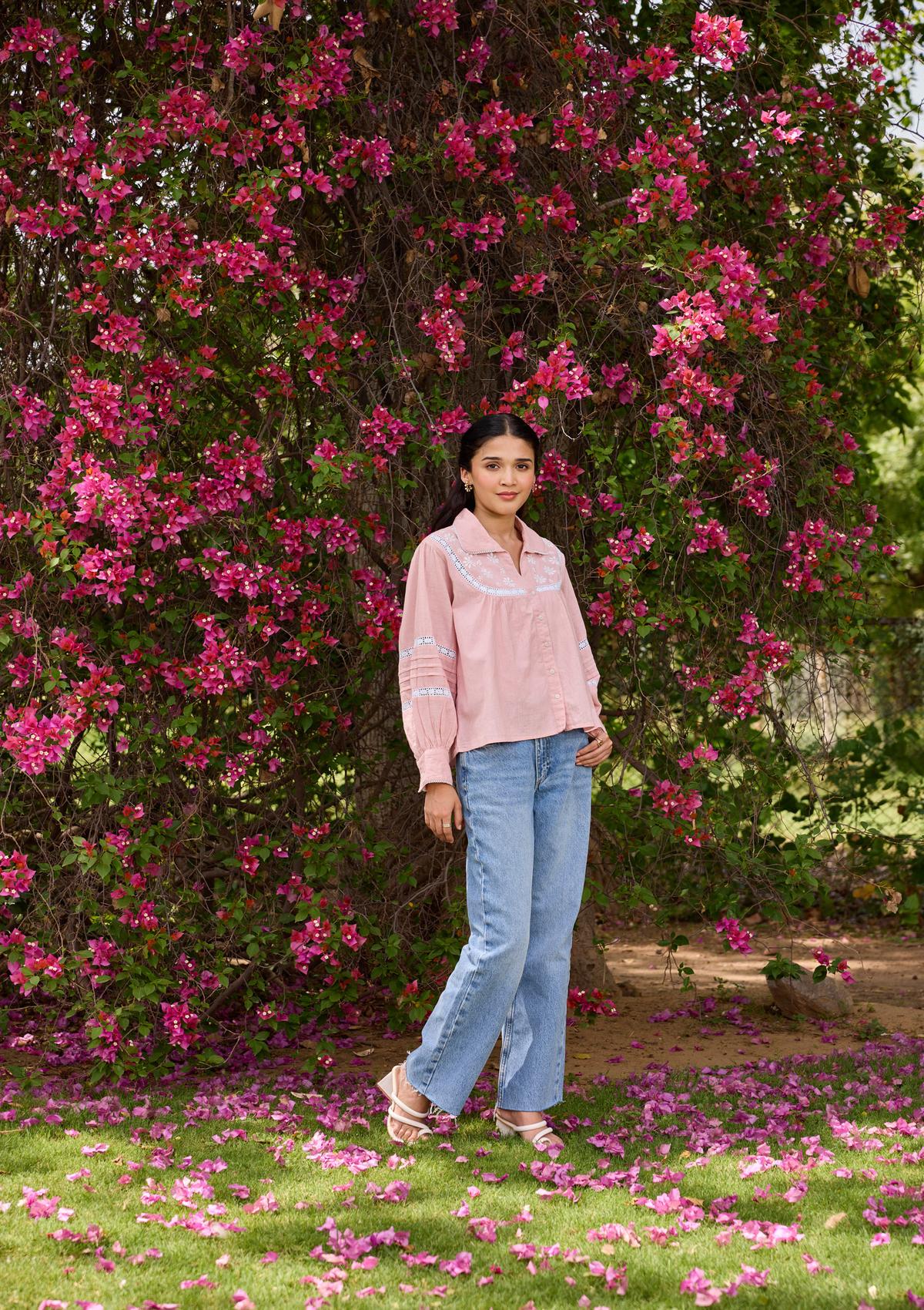 Cotton Linen Blend Chikankari Solid Women's Shirt - Coral Pink - Image 4