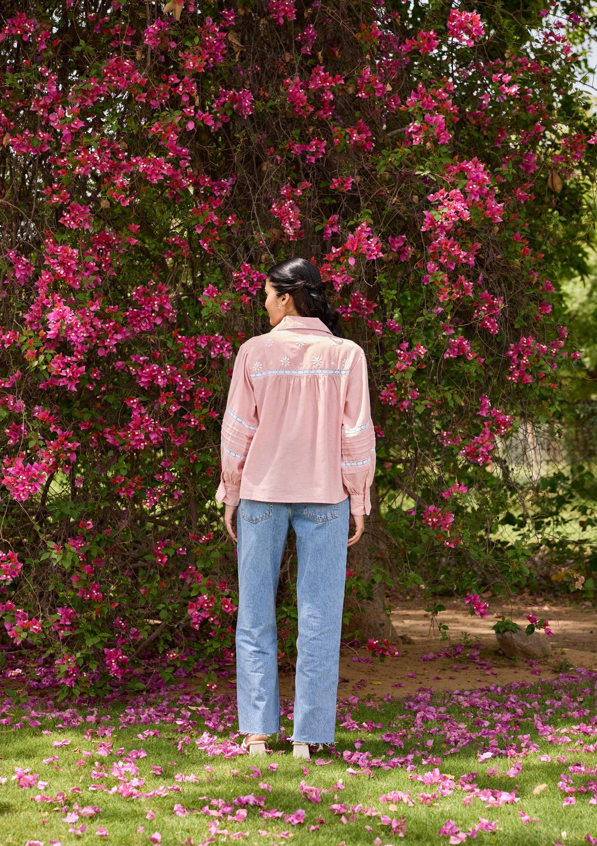 Cotton Linen Blend Chikankari Solid Women's Shirt - Coral Pink - Image 5