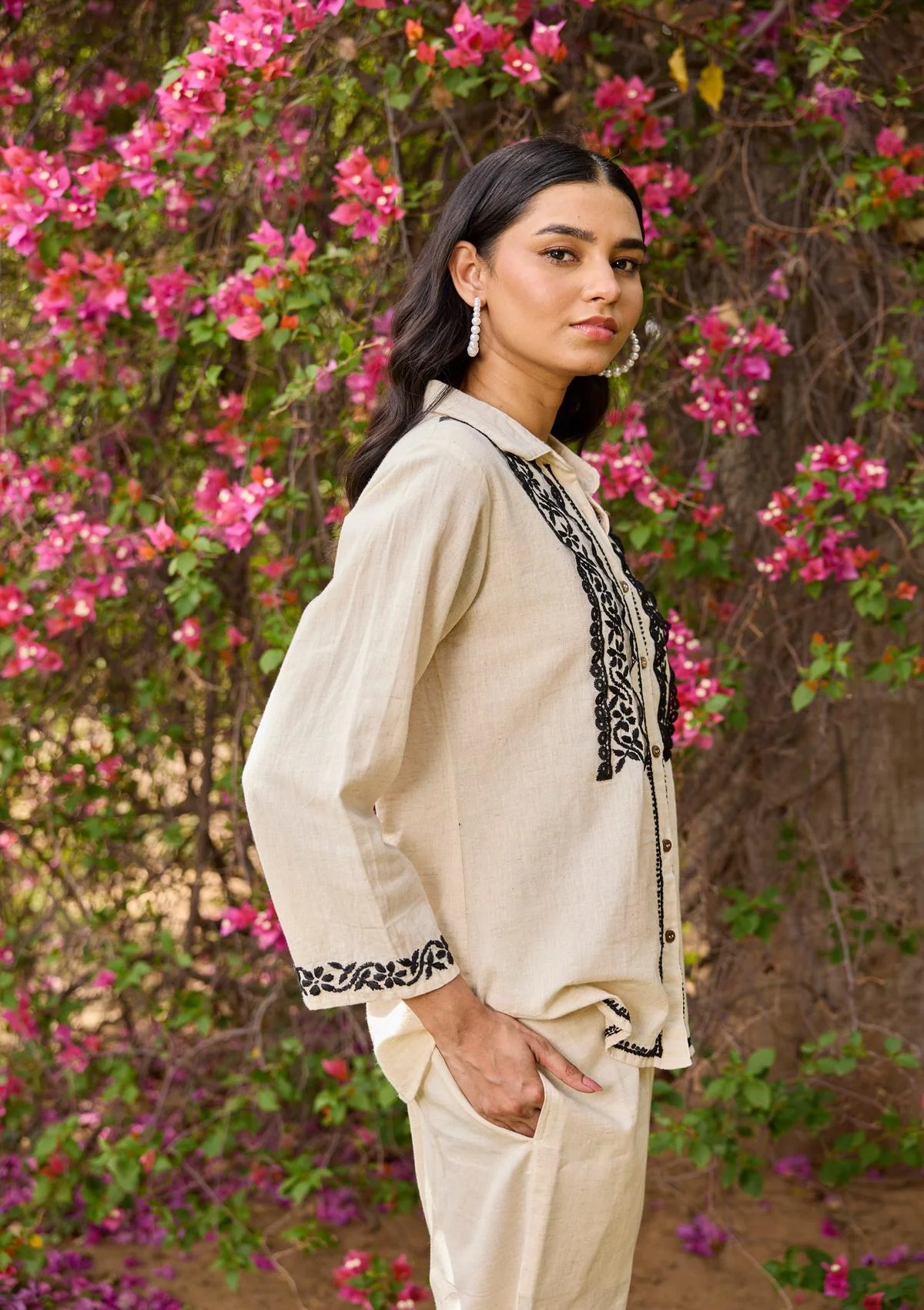Cotton Linen Blend Chikankari Solid Women's Shirt - Off White - Image 5