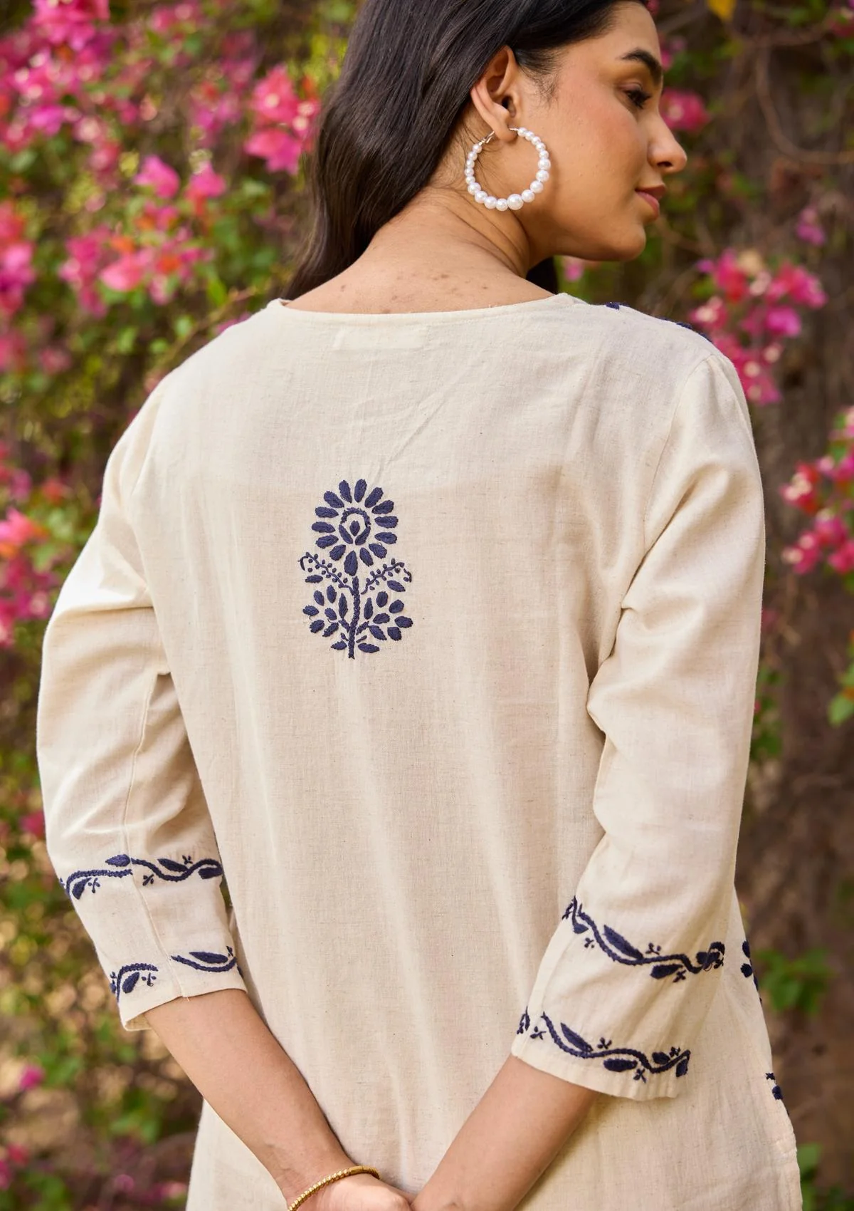 Cotton Linen Blend Chikankari Solid Women's Short Kurta - Off White - Image 3