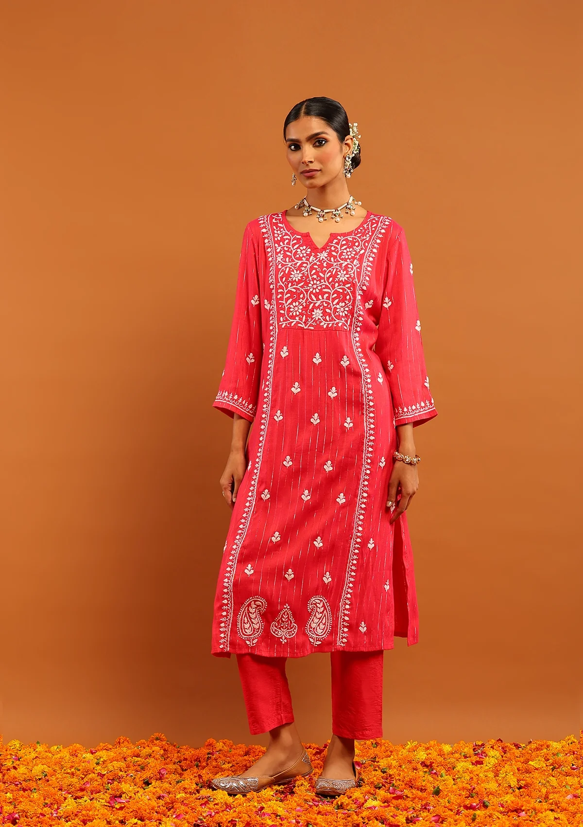 Karisma Cotton Lurex Chikankari Solid Women's Long Kurta- Red