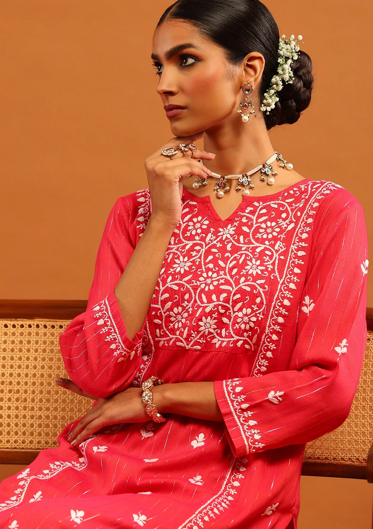 Karisma Cotton Lurex Chikankari Solid Women's Long Kurta- Red - Image 2