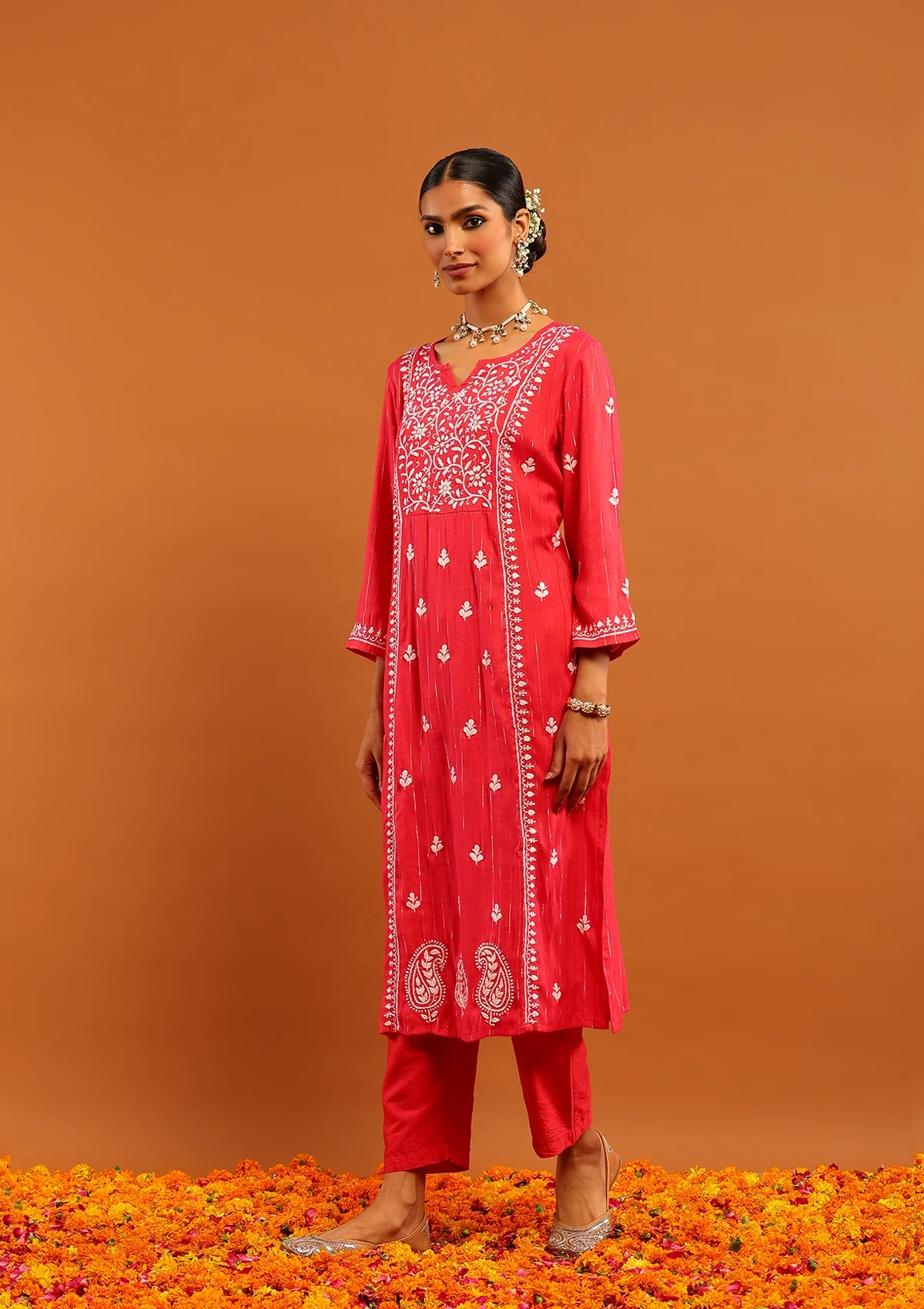 Karisma Cotton Lurex Chikankari Solid Women's Long Kurta- Red - Image 3