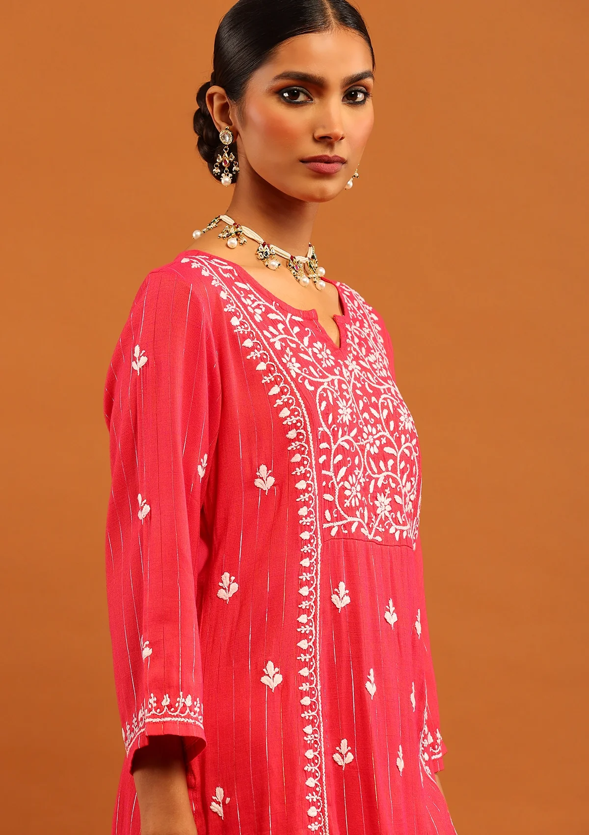 Karisma Cotton Lurex Chikankari Solid Women's Long Kurta- Red - Image 6