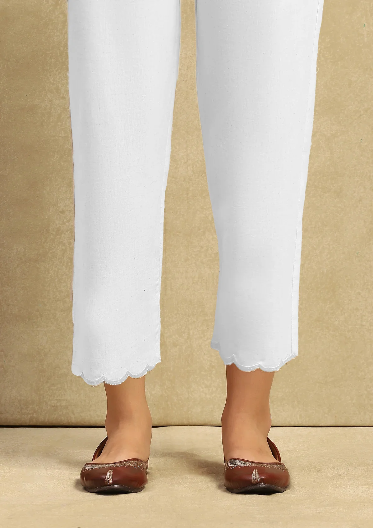 HOC Cotton Women's Solid Scalloped Pant- White - Image 3