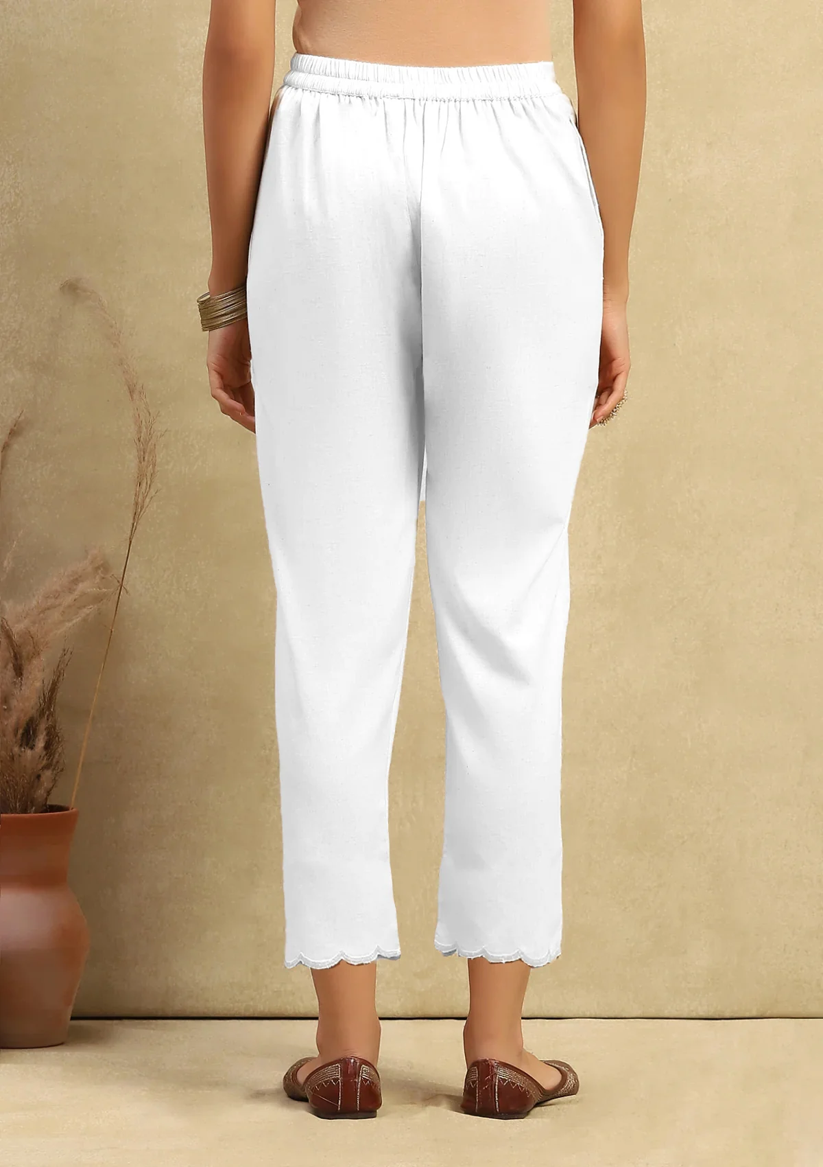HOC Cotton Women's Solid Scalloped Pant- White - Image 4
