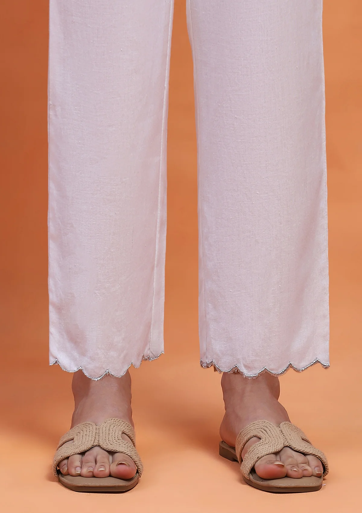 Cotton Scalloped With Silver Zari Solid Women's Pants - White - Image 2