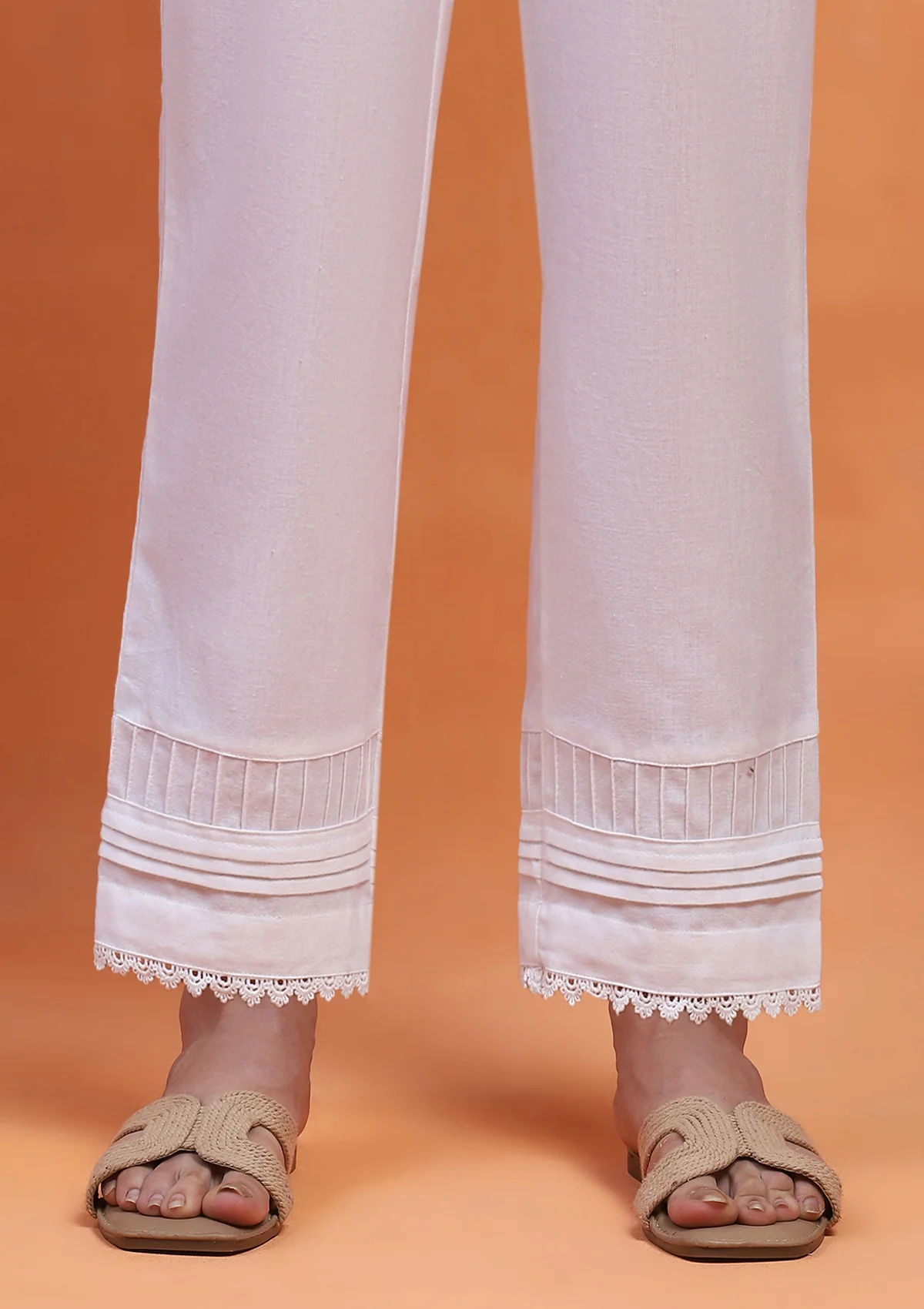 Cotton Loom Solid Women's Pintuck Pants with Lace - White - Image 3