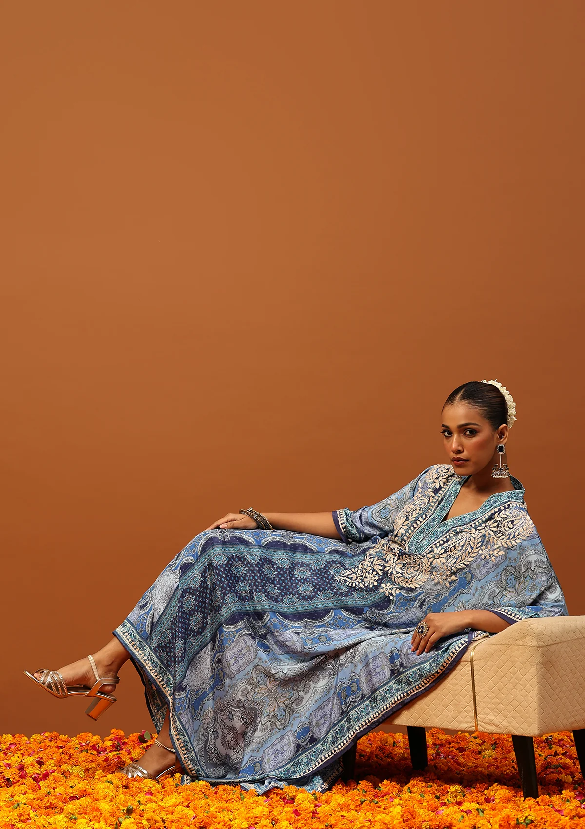 HOC Crepe Chikankari Printed Women's Kaftan -Blue - Image 3