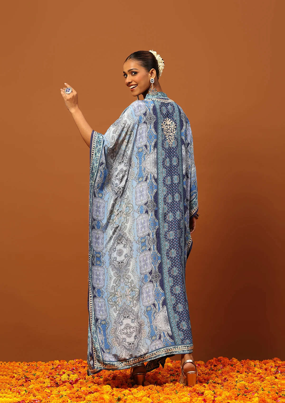 HOC Crepe Chikankari Printed Women's Kaftan -Blue - Image 5