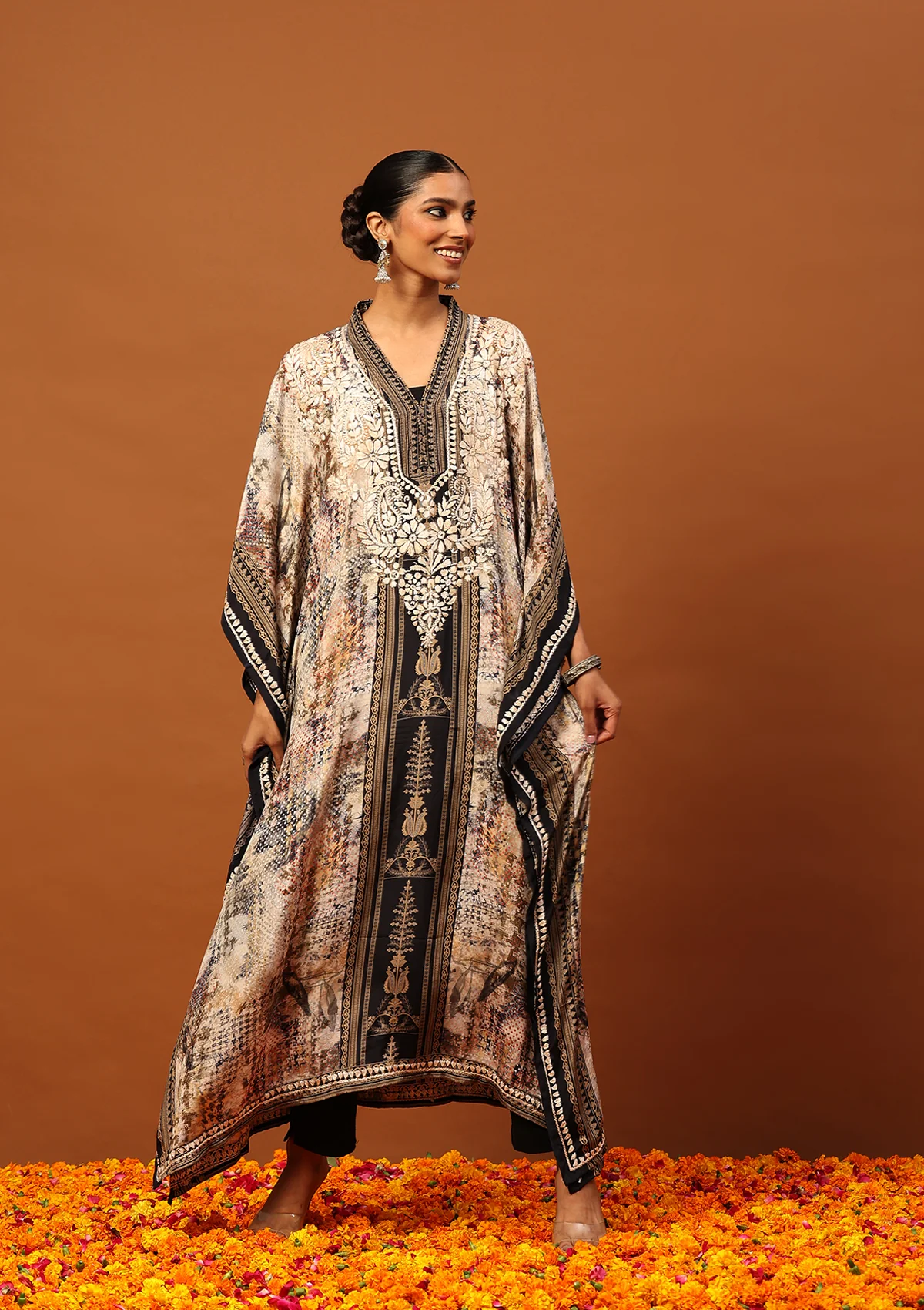 HOC Crepe Chikankari Printed Women's Kaftan -Brown - Image 3