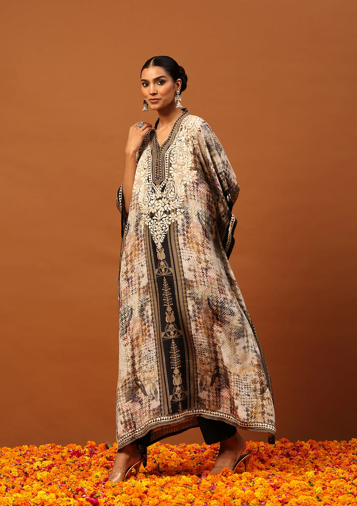 HOC Crepe Chikankari Printed Women's Kaftan -Brown - Image 4