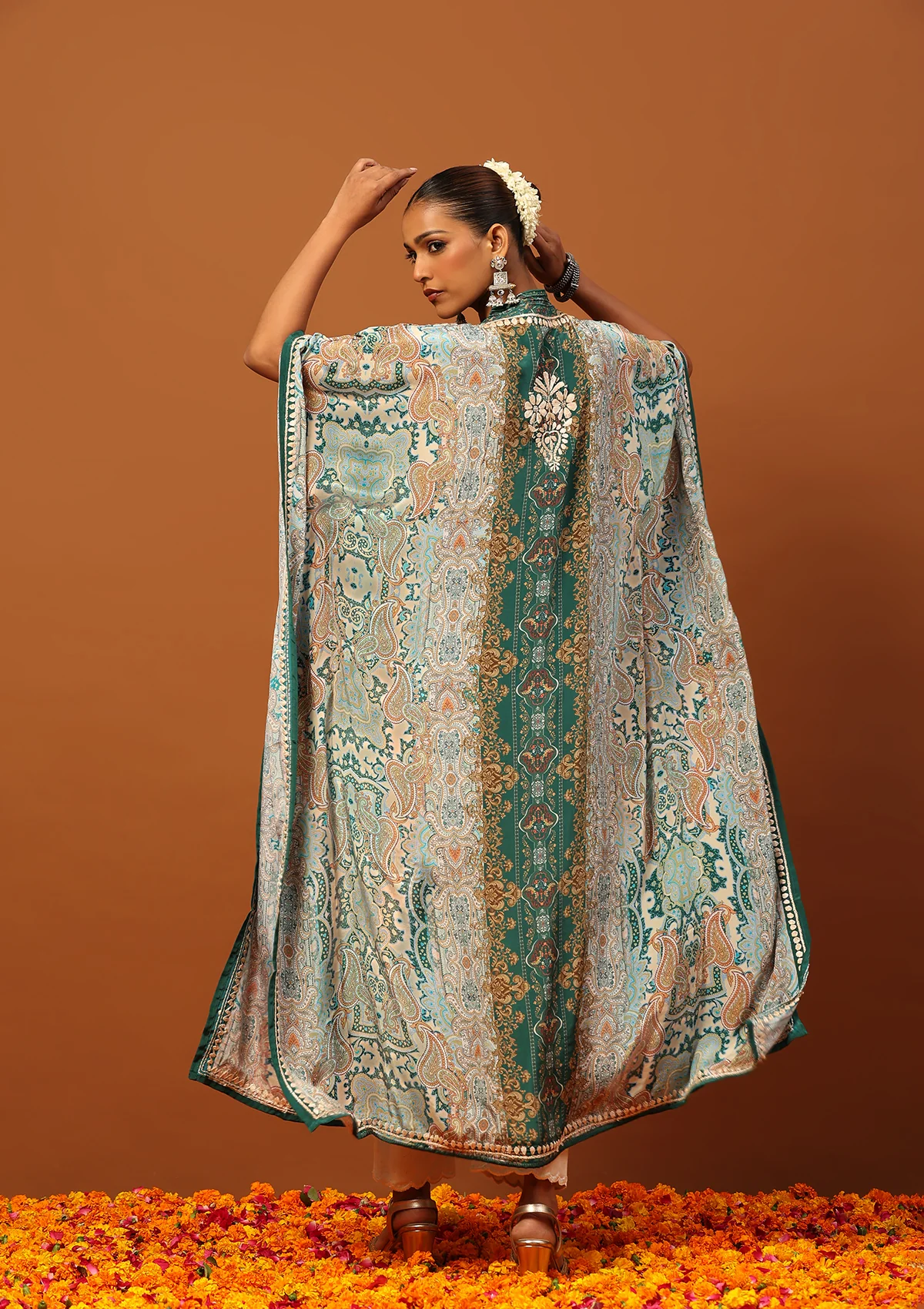 HOC Crepe Chikankari Printed Women's Kaftan -Green - Image 5