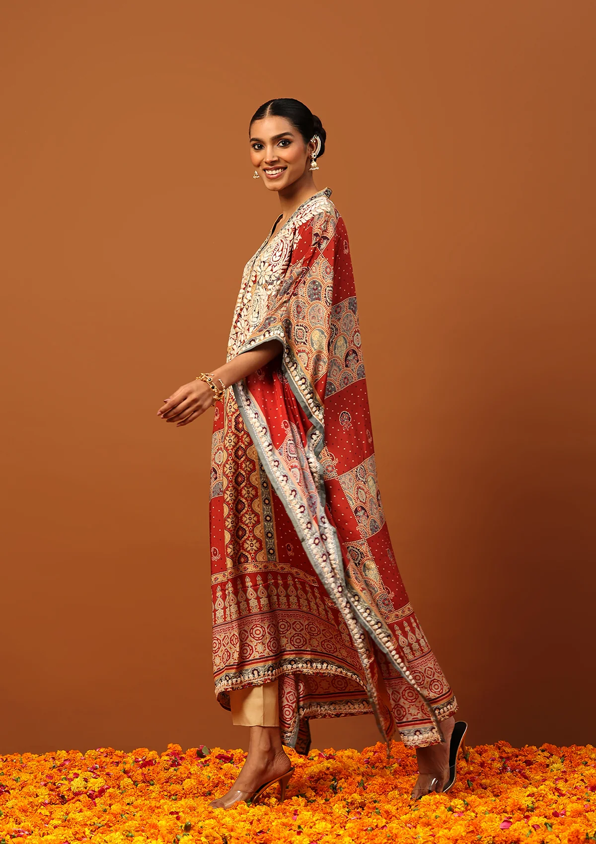 Crepe Chikankari Printed Women's Kaftan -Rust - Image 4