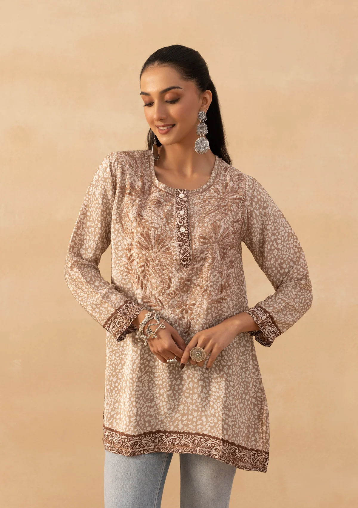 HOC Crepe Chikankari Printed Women's Short Kurta - Brown - Image 3