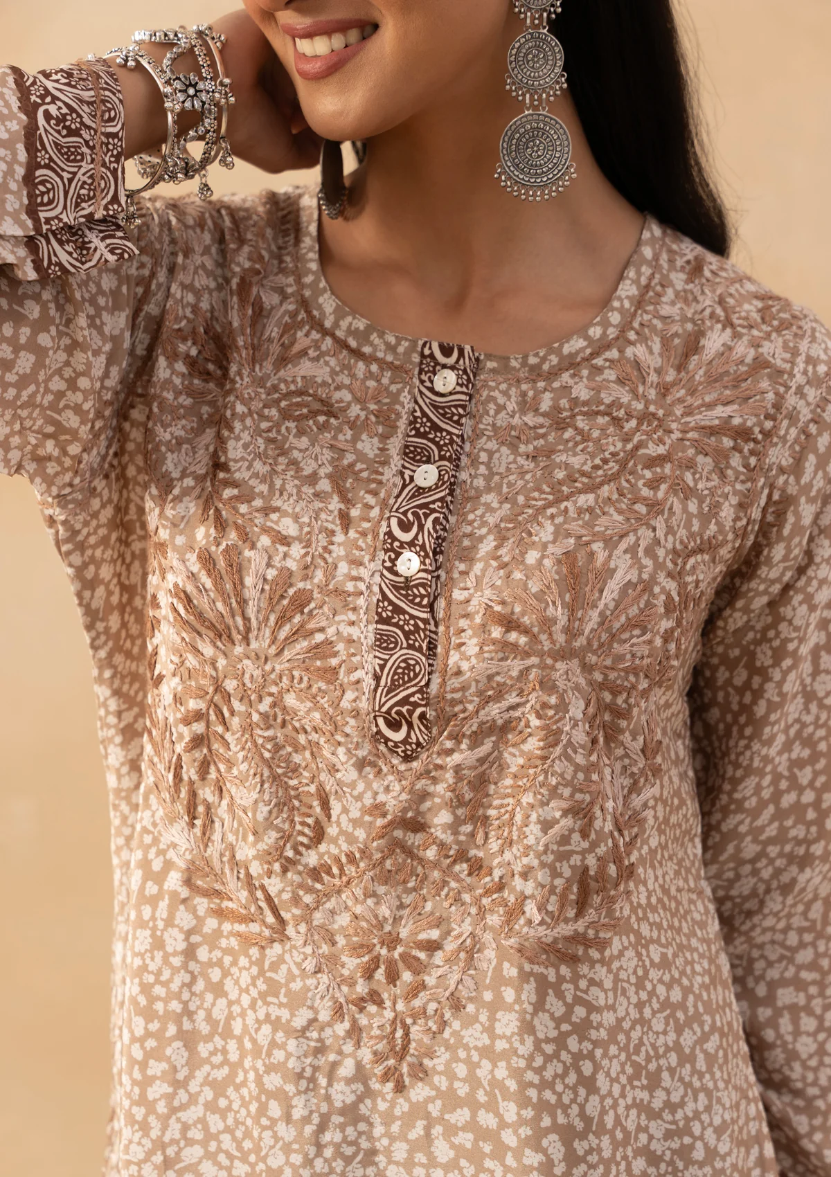 HOC Crepe Chikankari Printed Women's Short Kurta - Brown - Image 4