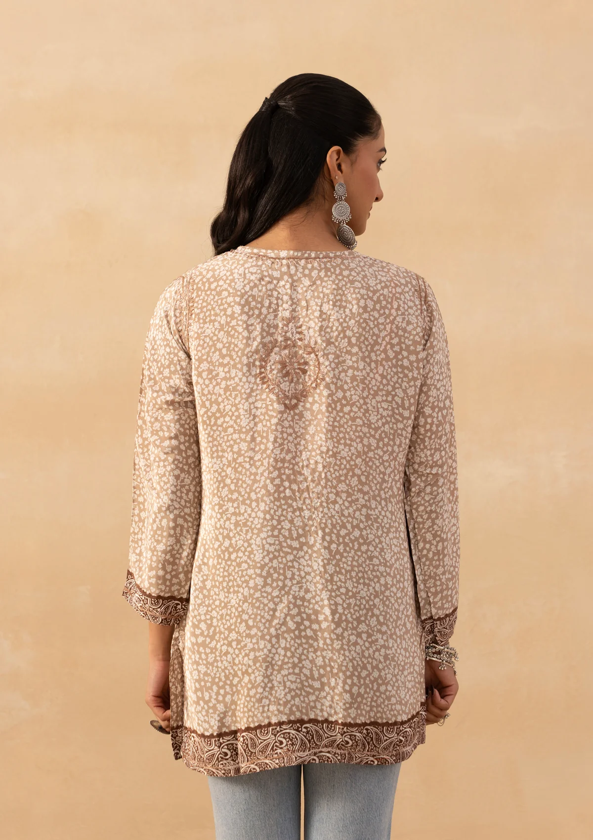 HOC Crepe Chikankari Printed Women's Short Kurta - Brown - Image 5