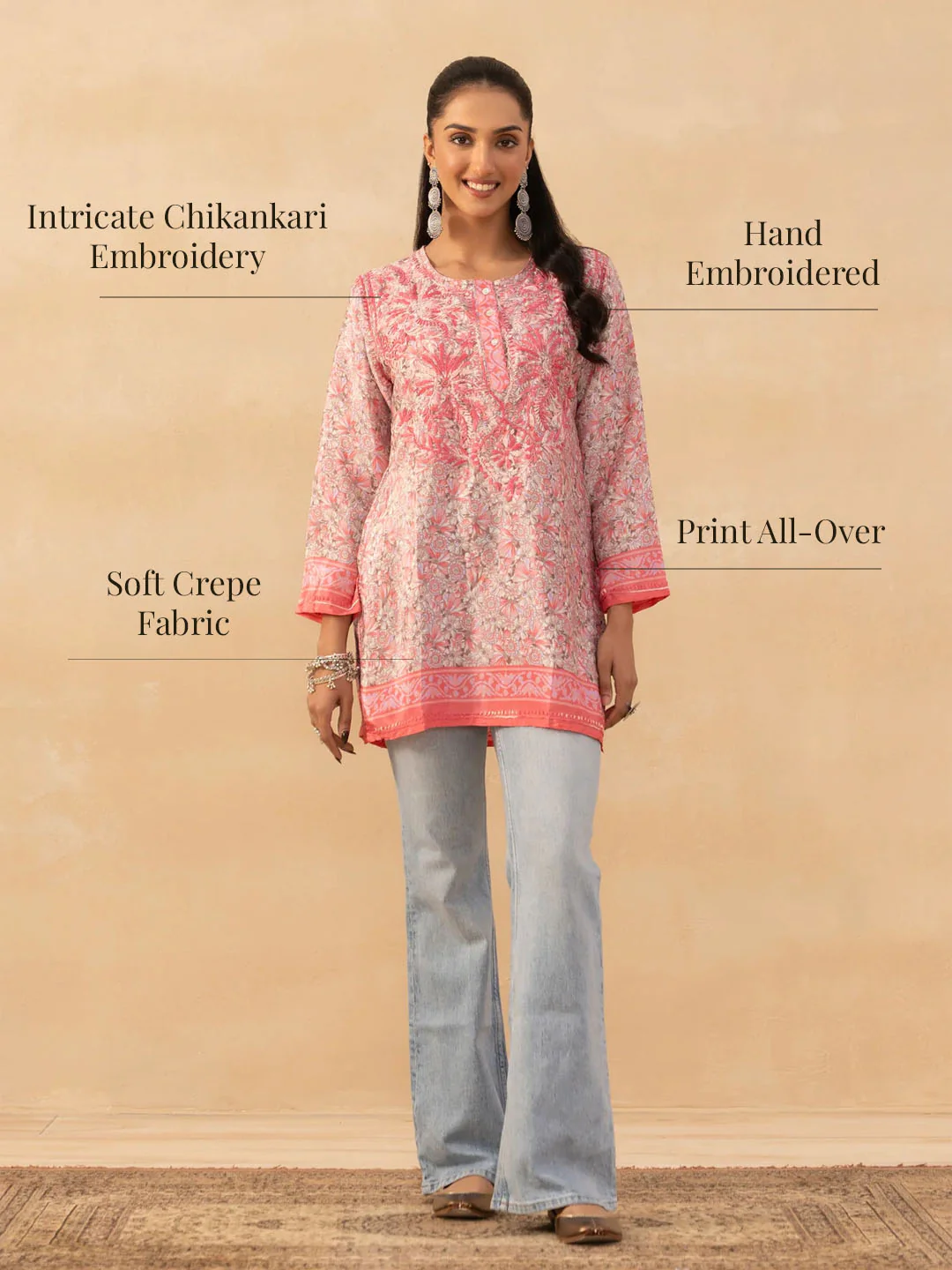 HOC Crepe Chikankari Printed Women's Short Kurta - Pink - Image 10