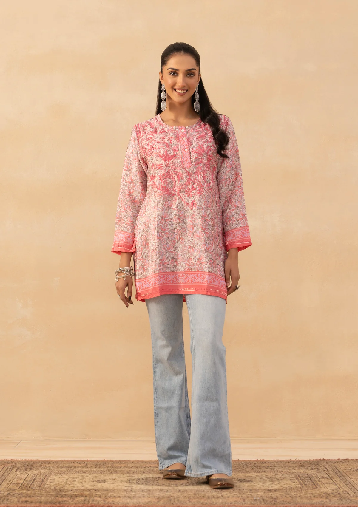 HOC Crepe Chikankari Printed Women's Short Kurta - Pink - Image 3