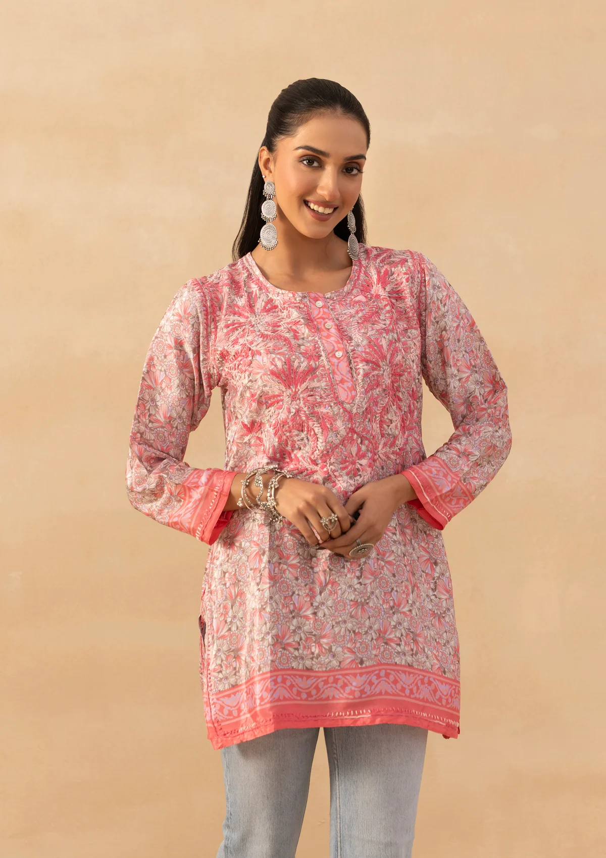 HOC Crepe Chikankari Printed Women's Short Kurta - Pink - Image 4