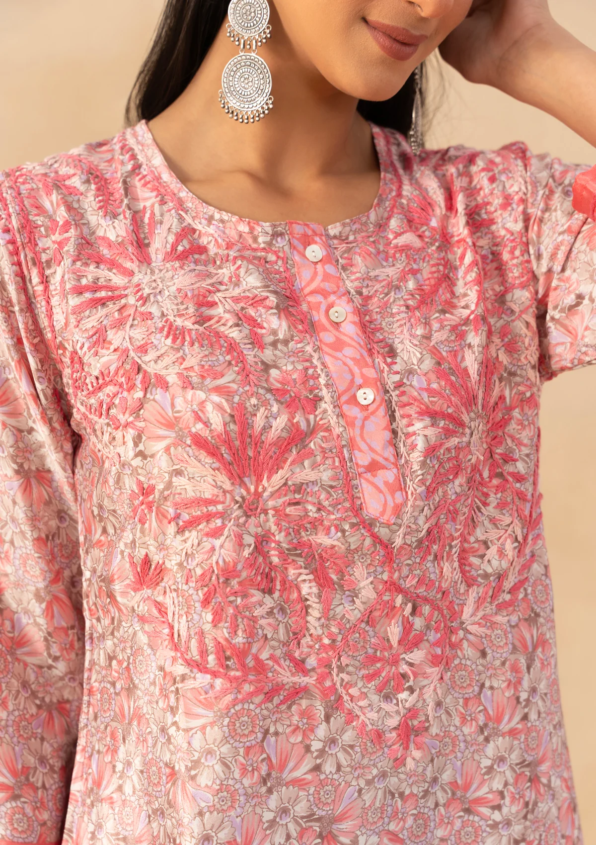 HOC Crepe Chikankari Printed Women's Short Kurta - Pink - Image 5