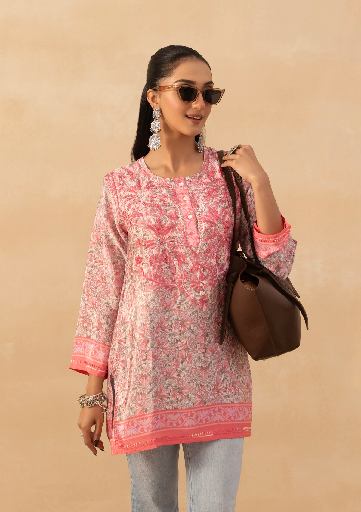 HOC Crepe Chikankari Printed Women's Short Kurta - Pink - Image 6