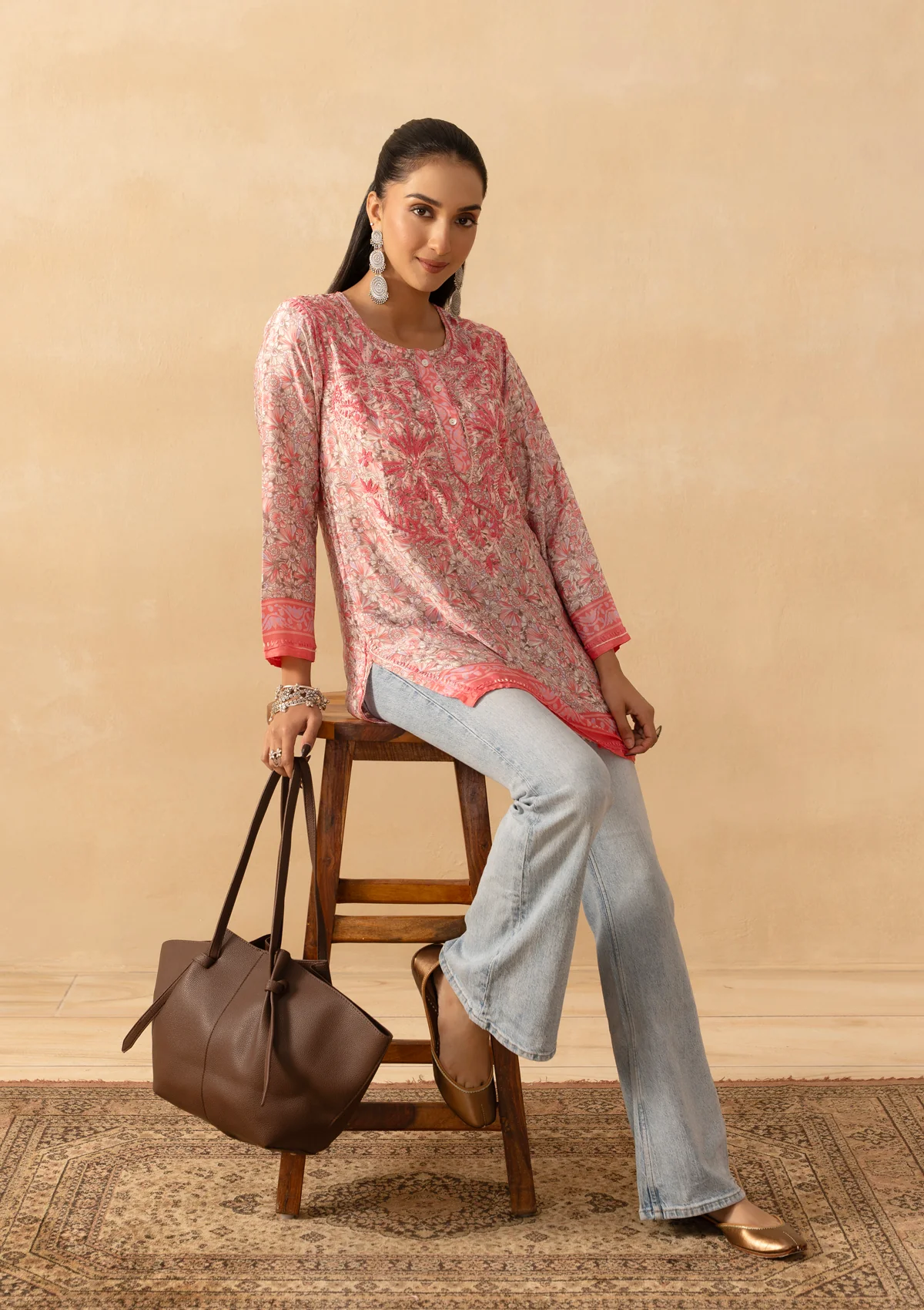 HOC Crepe Chikankari Printed Women's Short Kurta - Pink - Image 7
